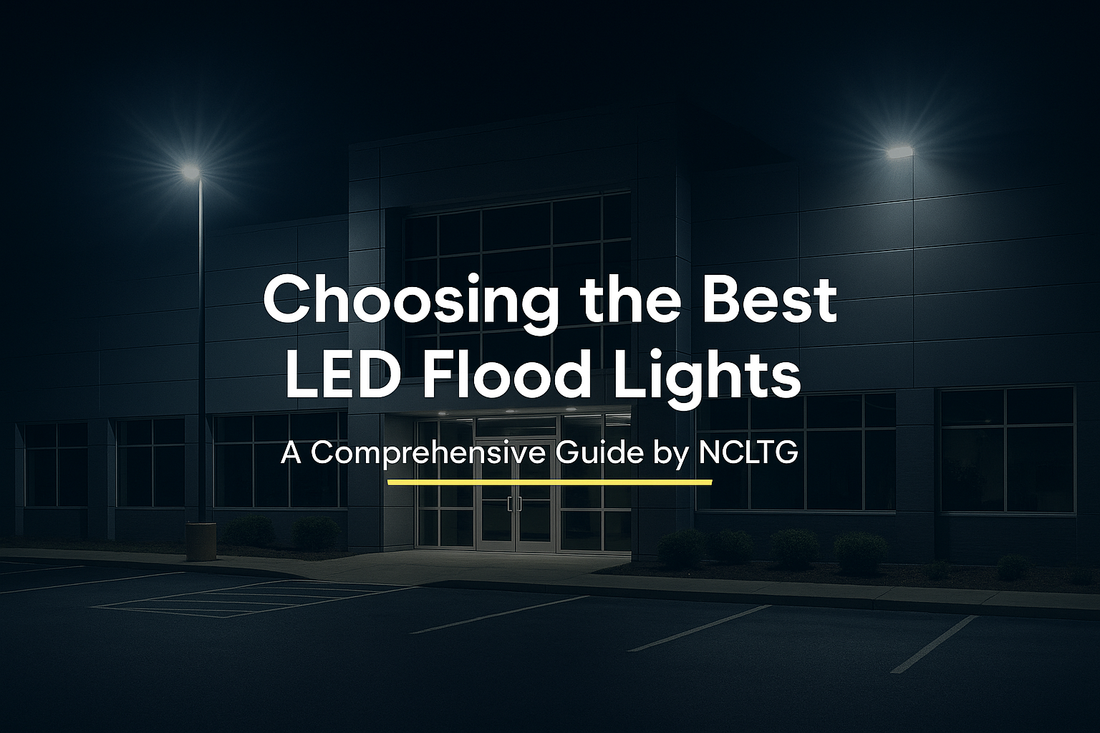 Cover image showing LED flood lights illuminating a commercial building exterior with balanced night lighting.