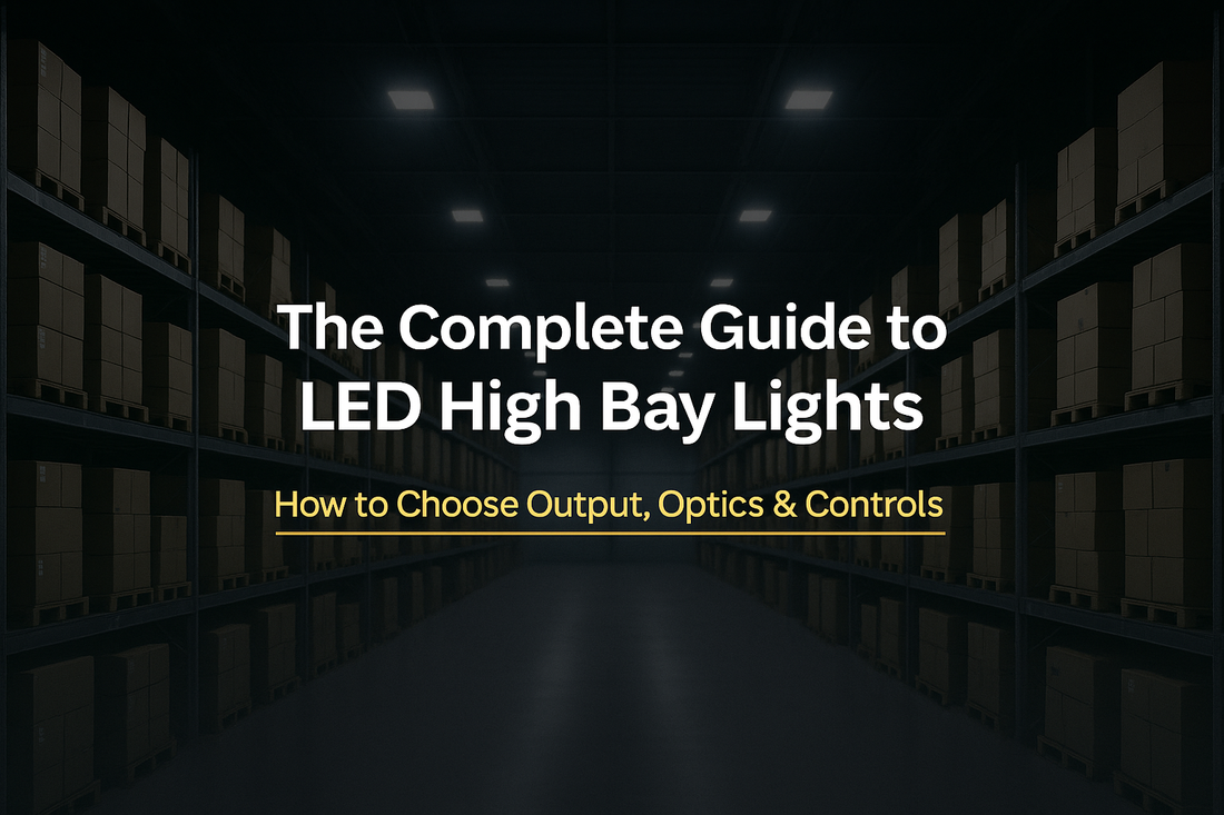 Cover image for NCLTG’s Complete Guide to LED High Bay Lights with centered title and subtitle ‘How to Choose Output, Optics & Controls’ over a clean warehouse background.