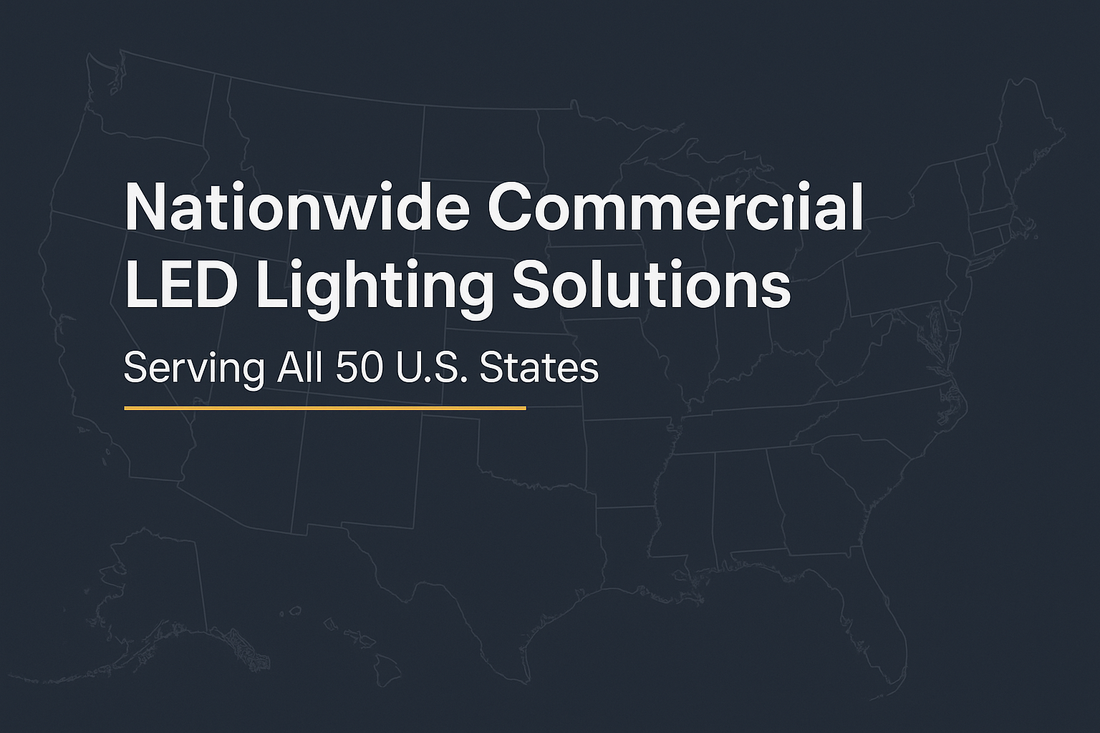 Blank United States outline (with Alaska and Hawaii insets) on a dark background behind the page title, representing NCLTG’s nationwide commercial LED lighting coverage across all 50 states.