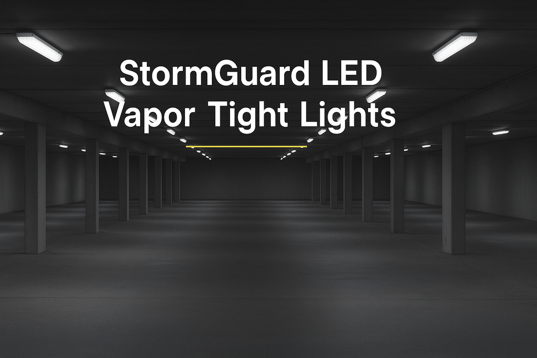 StormGuard LED vapor tight light with prismatic lens mounted in a parking garage, providing bright, uniform, low-glare illumination; blog cover with dark gradient and title overlay.