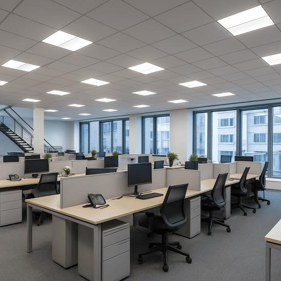 A spacious modern office with an open layout featuring rows of workstations, large windows, and evenly distributed LED troffer lighting in the ceiling.