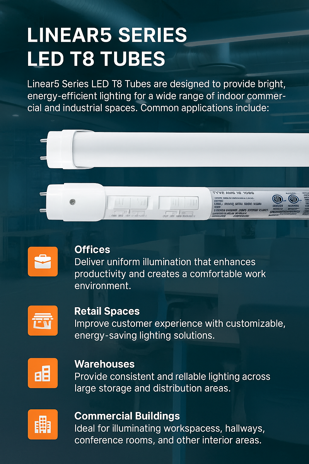 Infographic illustrating applications for Linear5 Series LED T8 Tubes by NCLTG: provide uniform, comfortable lighting for offices; deliver customizable, energy-saving illumination in retail environments; ensure consistent, reliable coverage across warehouse aisles and storage areas; and brighten commercial building interiors—including workspaces, hallways, and conference rooms—with efficient, long-lasting LED performance.