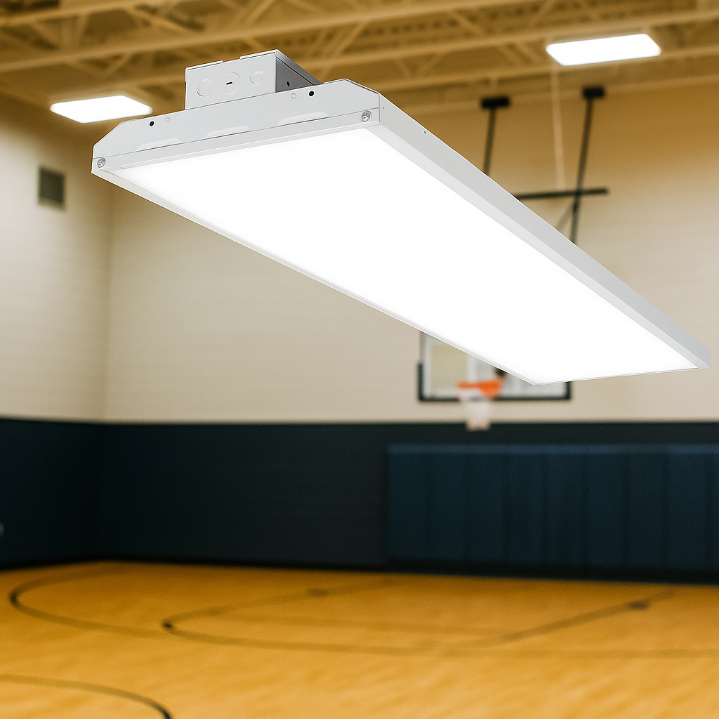 CoreBay Series LED linear high-bay product overlay on a basketball gymnasium background.