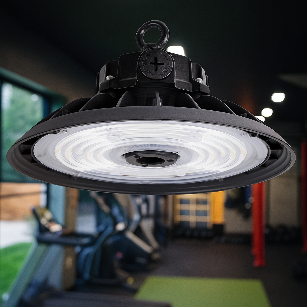 Halo X LED UFO high-bay product overlay on a recreation fitness center background.
