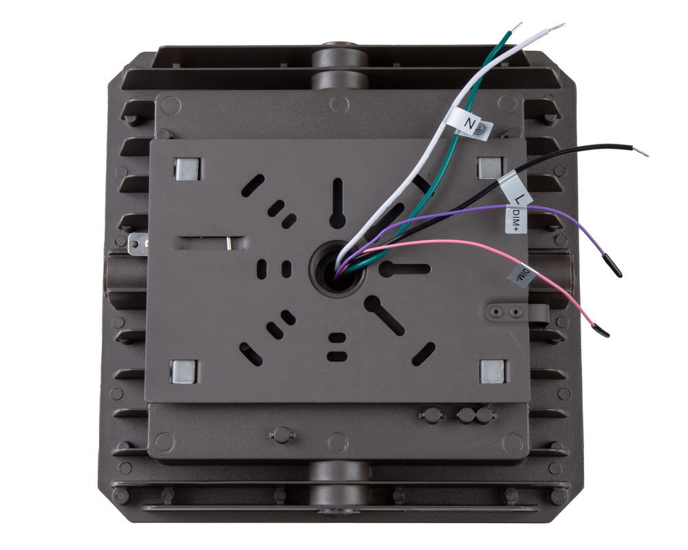 Back view of the NCLTG CanoLux Series LED Canopy Light displaying the mounting point and wiring connections for easy installation