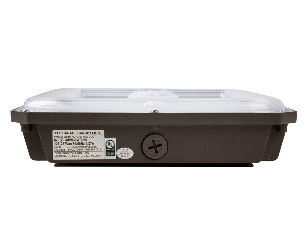 Side view of the NCLTG CanoLux Series LED Canopy Light featuring the knockout point for convenient conduit entry and wiring access