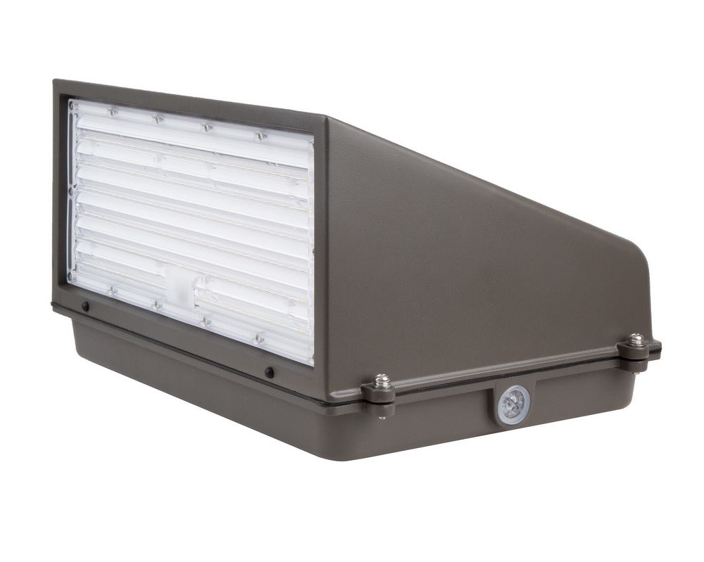 Angled bottom view of the NCLTG DarkShield Series LED Full Cutoff Wall Pack Light showing the lens and housing details