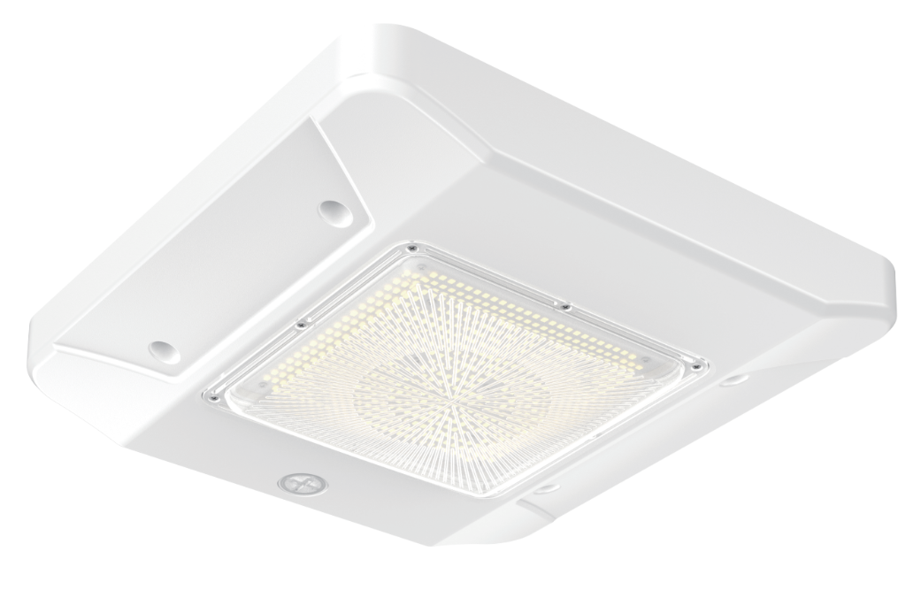 NCLTG FuelLite Series LED gas station canopy light with die-cast aluminum housing, polycarbonate lens, selectable wattage 100W–150W, and CCT options 4000K–5700K