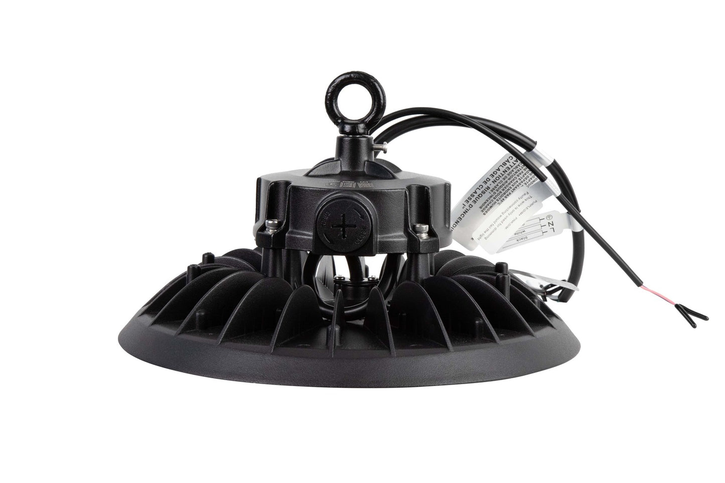 Alternate side view of the NCLTG Halo X Series LED UFO High Bay Light with visible whip and 0–10V dimming wires positioned on the right side