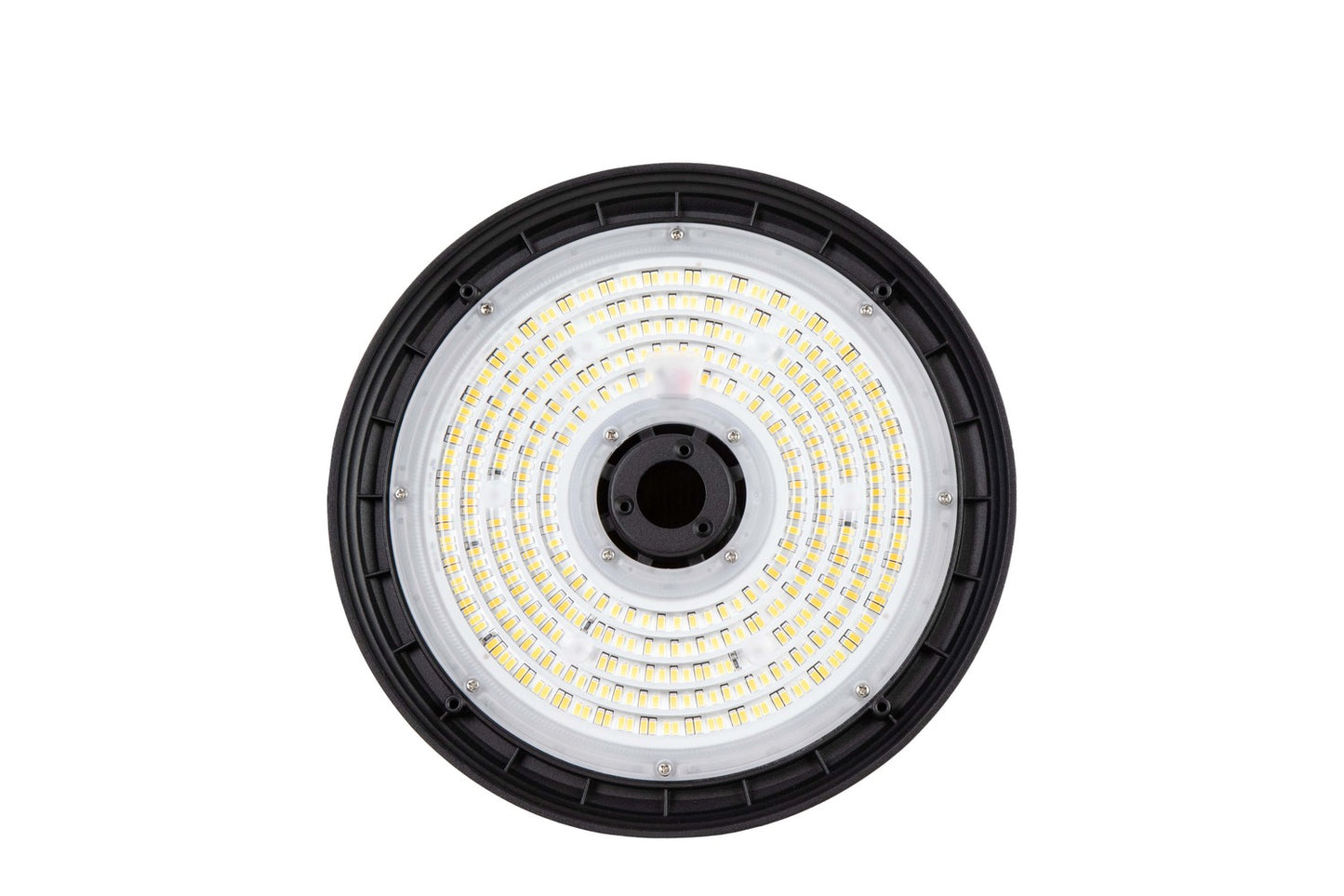 Bottom detailed view of the NCLTG Halo X Series LED UFO High Bay Light showcasing the precision-engineered lens for uniform, high-output illumination