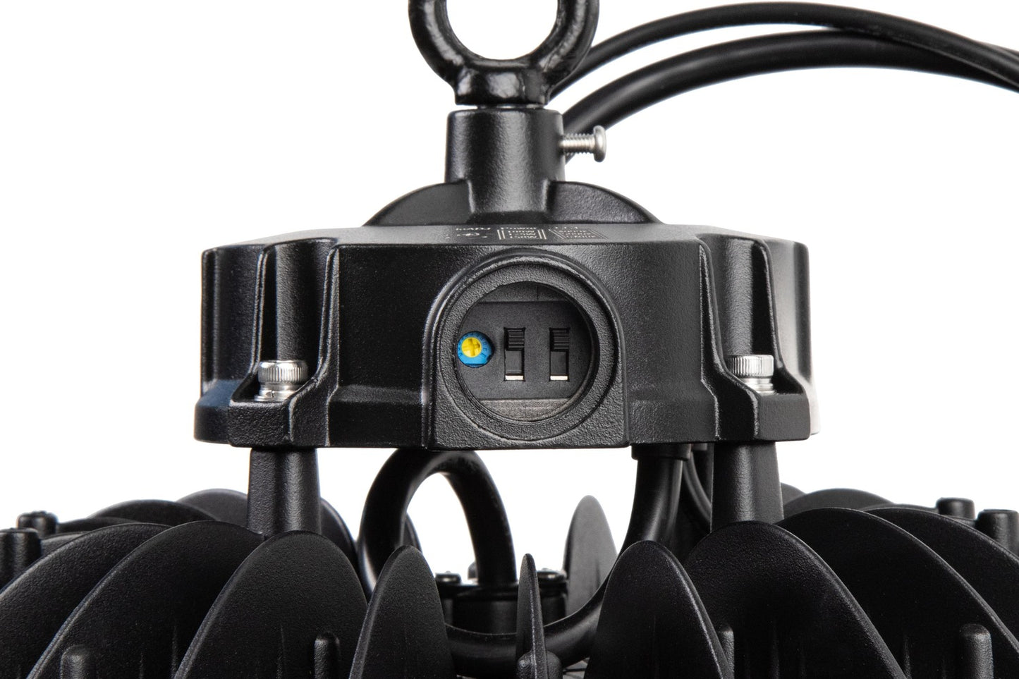 Detailed view of the NCLTG Halo X Series LED UFO High Bay Light showing wattage and CCT selectable DIP switches for customizable lighting settings