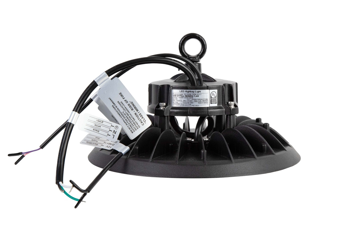 Side view of the NCLTG Halo X Series LED UFO High Bay Light highlighting its low-profile design and durable die-cast aluminum housing