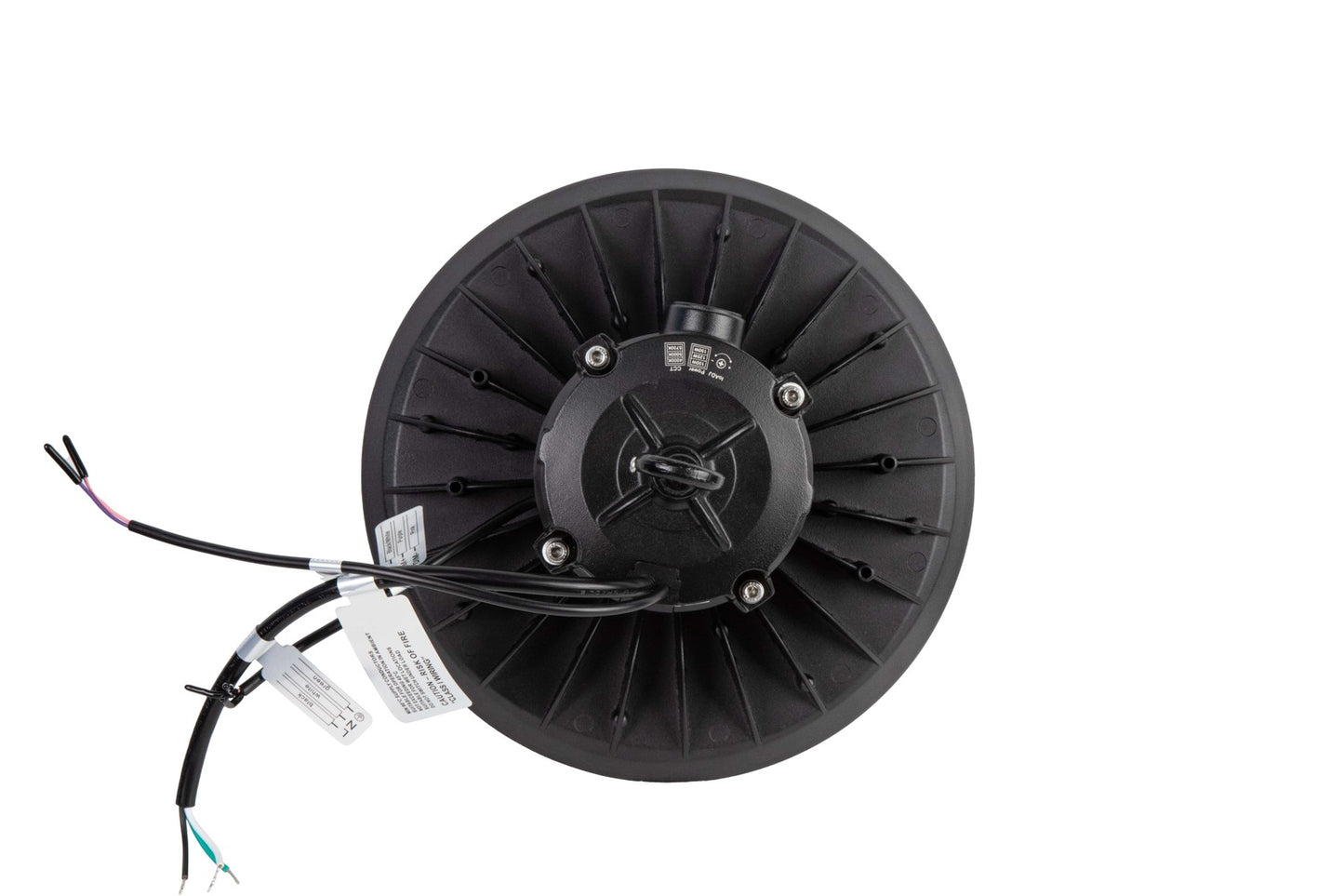 Top view of the NCLTG Halo X Series LED UFO High Bay Light highlighting the ring mount and 0–10V dimming wires for easy installation and control
