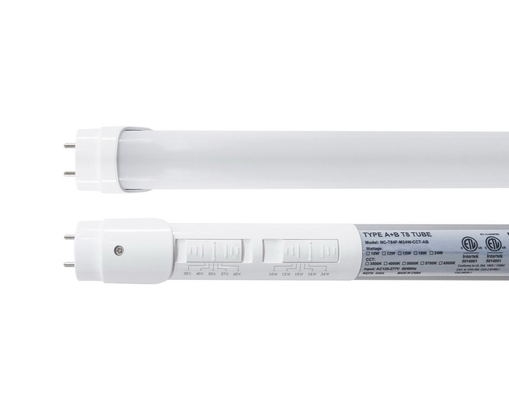 NCLTG Linear5 Series 4-Foot T8 LED Tube front and back view highlighting wattage and CCT selectable switches with certification labels