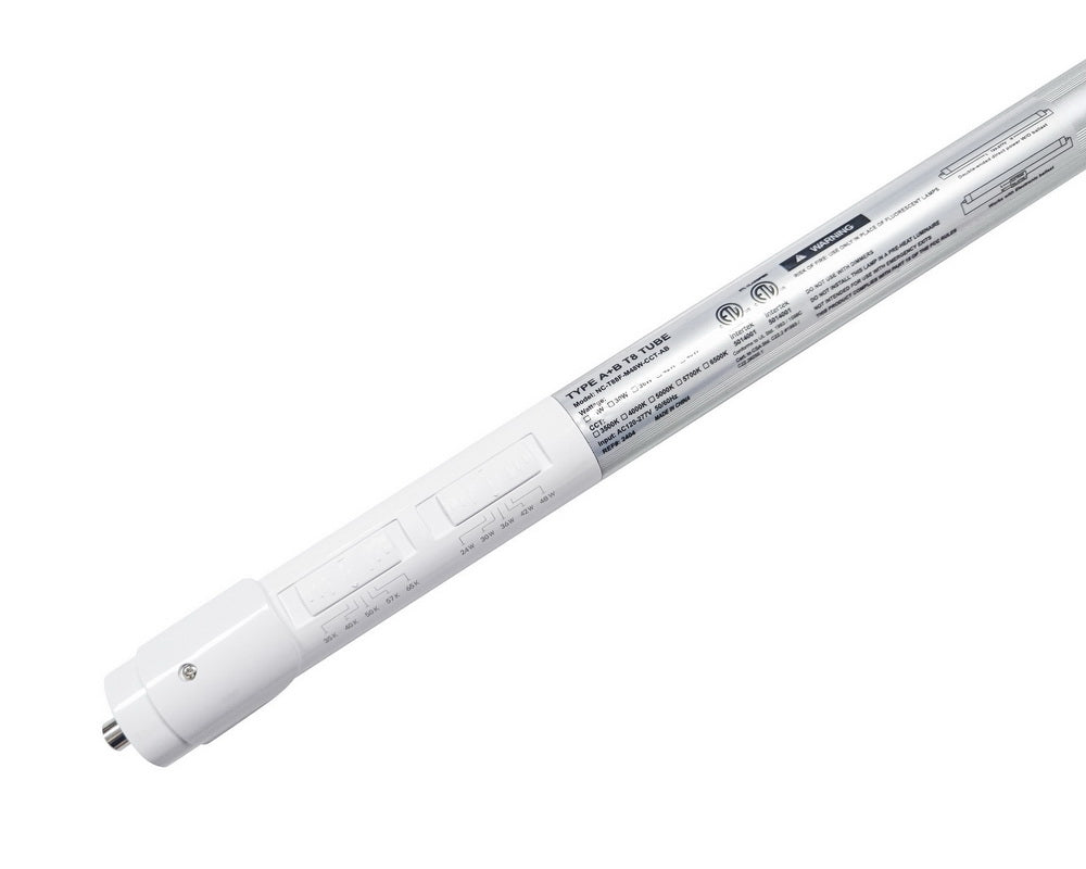 Detailed view of the NCLTG Linear5 Series 8-Foot T8 LED Tube highlighting the wattage and CCT selectable switches along with model identification and certification labels for compliance