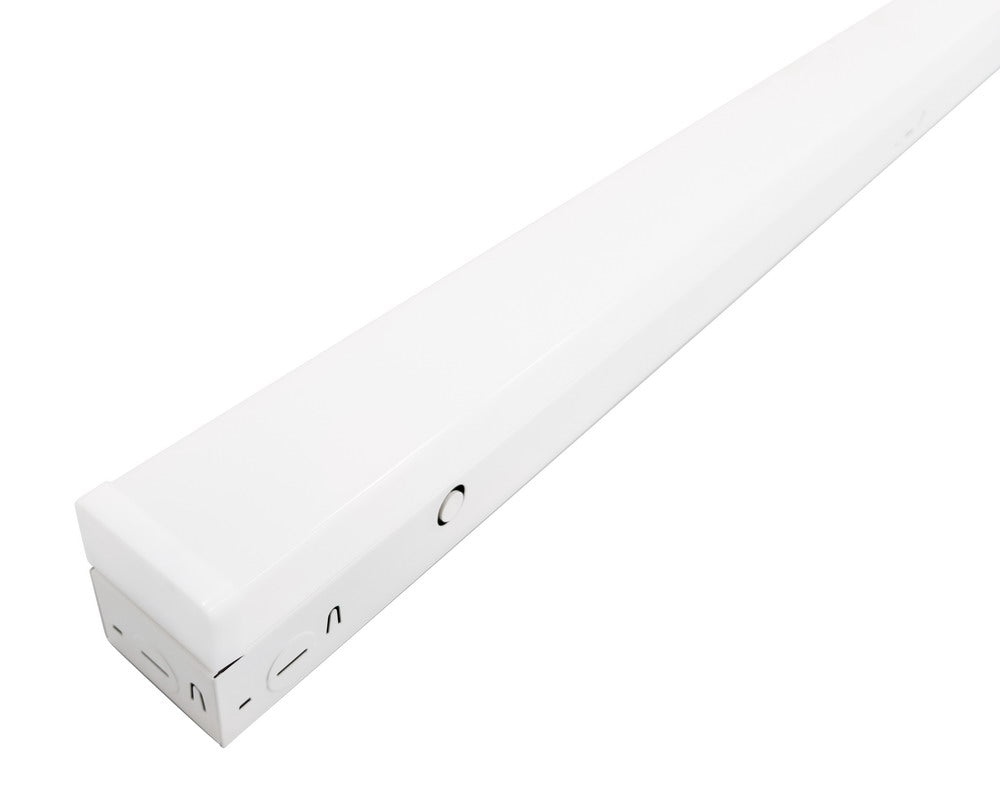 Detailed end view of 8-Foot NCLTG LineVolt Series LED Strip Light highlighting the polycarbonate lens and knockout point for streamlined installation