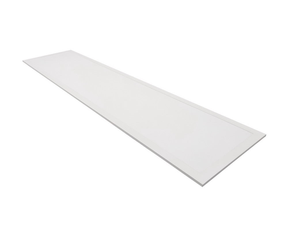 Angled front view of NCLTG SkyLine Series 1x4 LED Panel Light highlighting its sleek linear frame and even light-diffusing lens for drop ceiling installations
