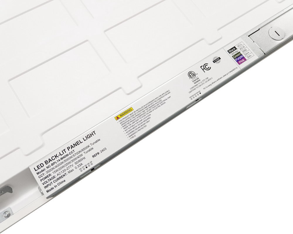 Detailed back view of NCLTG SkyLine Series 1x4 LED Panel Light highlighting the driver unit and connection points for field configuration