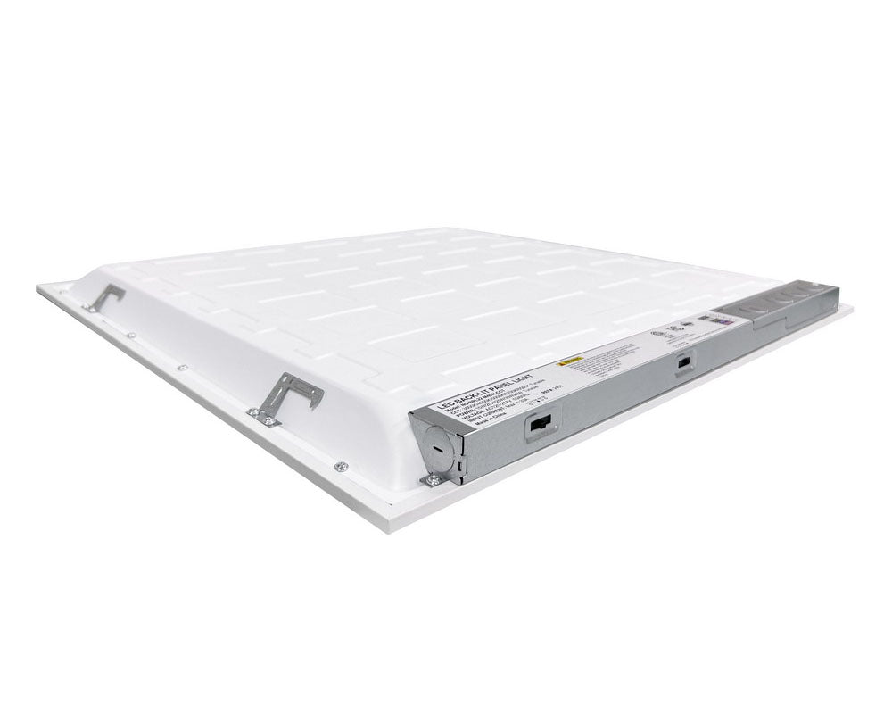 Close-up angled back view of NCLTG SkyLine Series 2x2 LED Panel Light highlighting the integrated driver and wiring compartment details