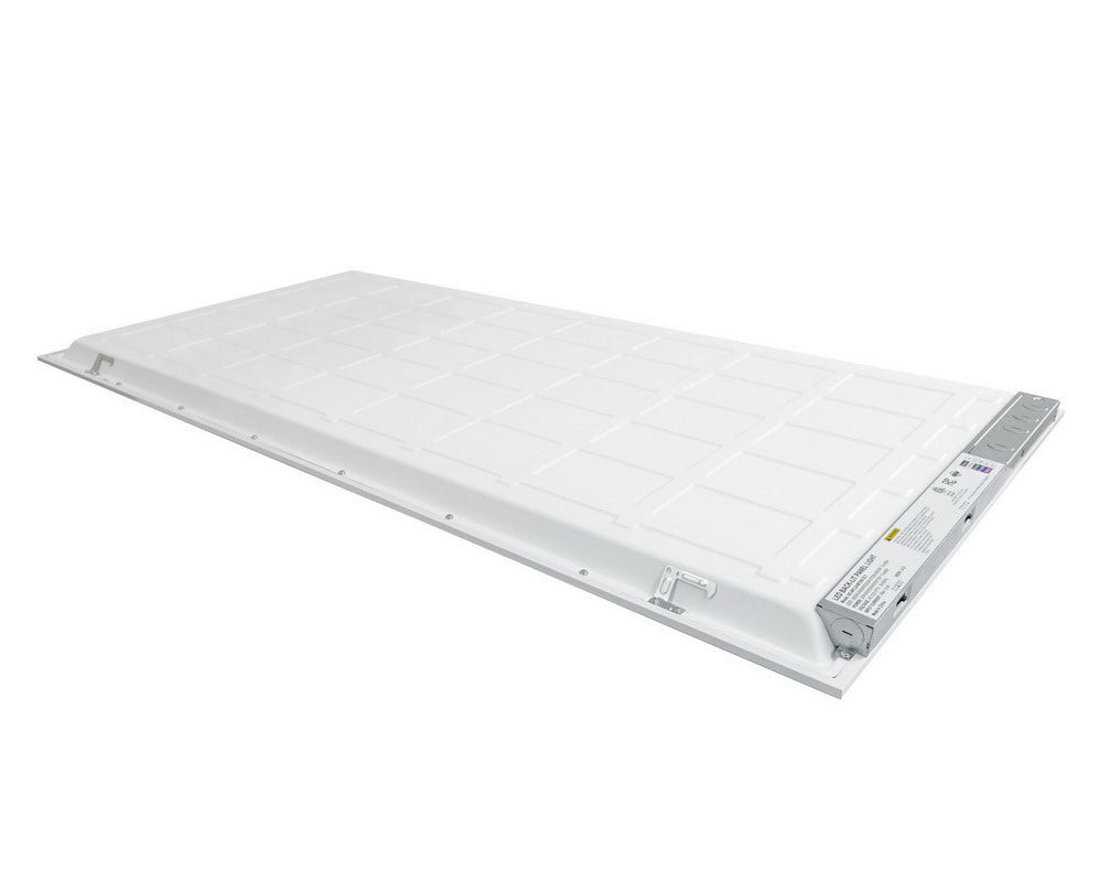 Back angled view of NCLTG SkyLine Series 2x4 LED Panel Light showing integrated driver and durable rear housing design