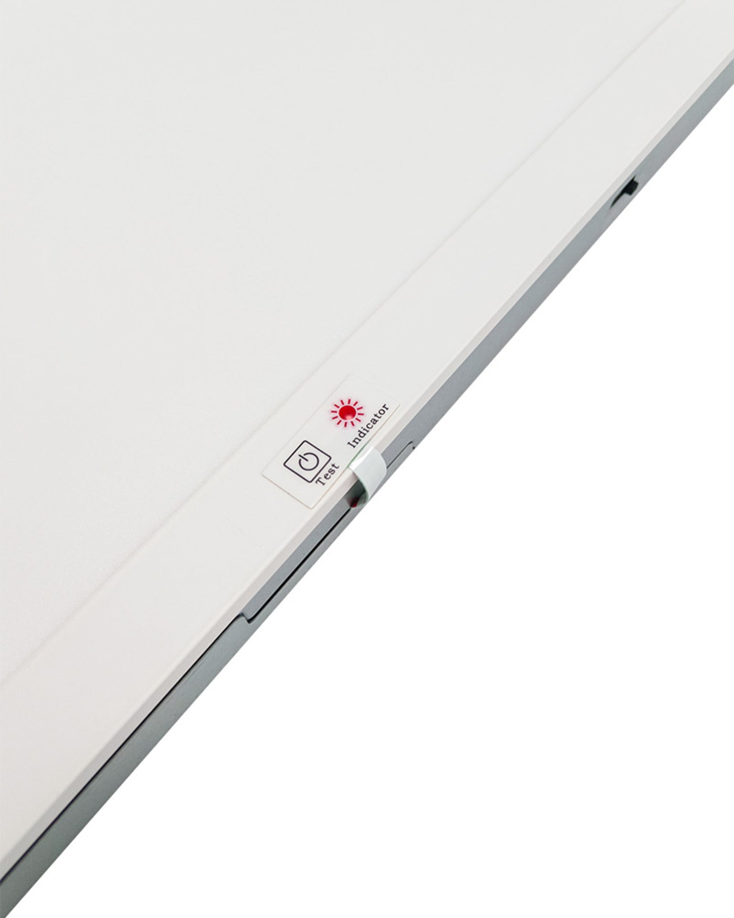 Close-up view of the indicator and test switch on the NCLTG SkyLine Series LED Panel Light with emergency backup, showing accessible emergency system controls
