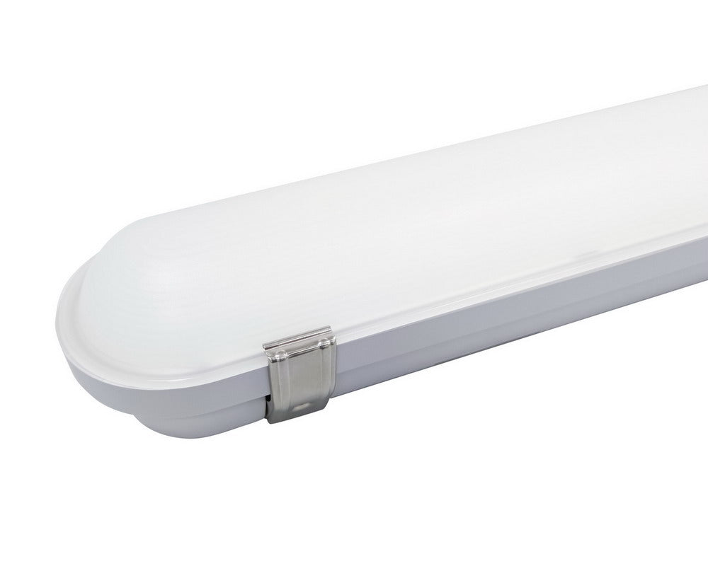 Detailed close-up of the NCLTG StormGuard Series 2-Foot LED Vapor Tight Light lens with stainless steel clips for secure mounting
