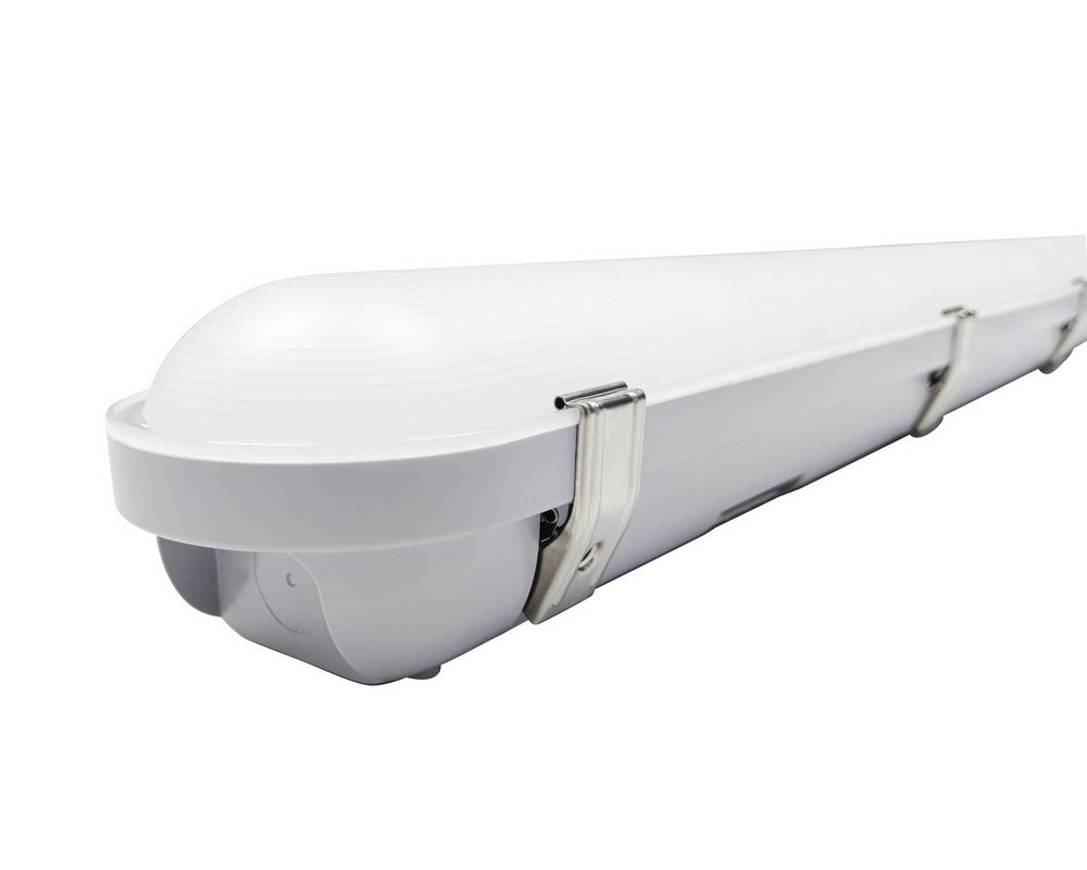 Detailed end view of the NCLTG StormGuard Series 4-Foot LED Vapor Tight Light highlighting its gasketed housing and secure stainless steel clips