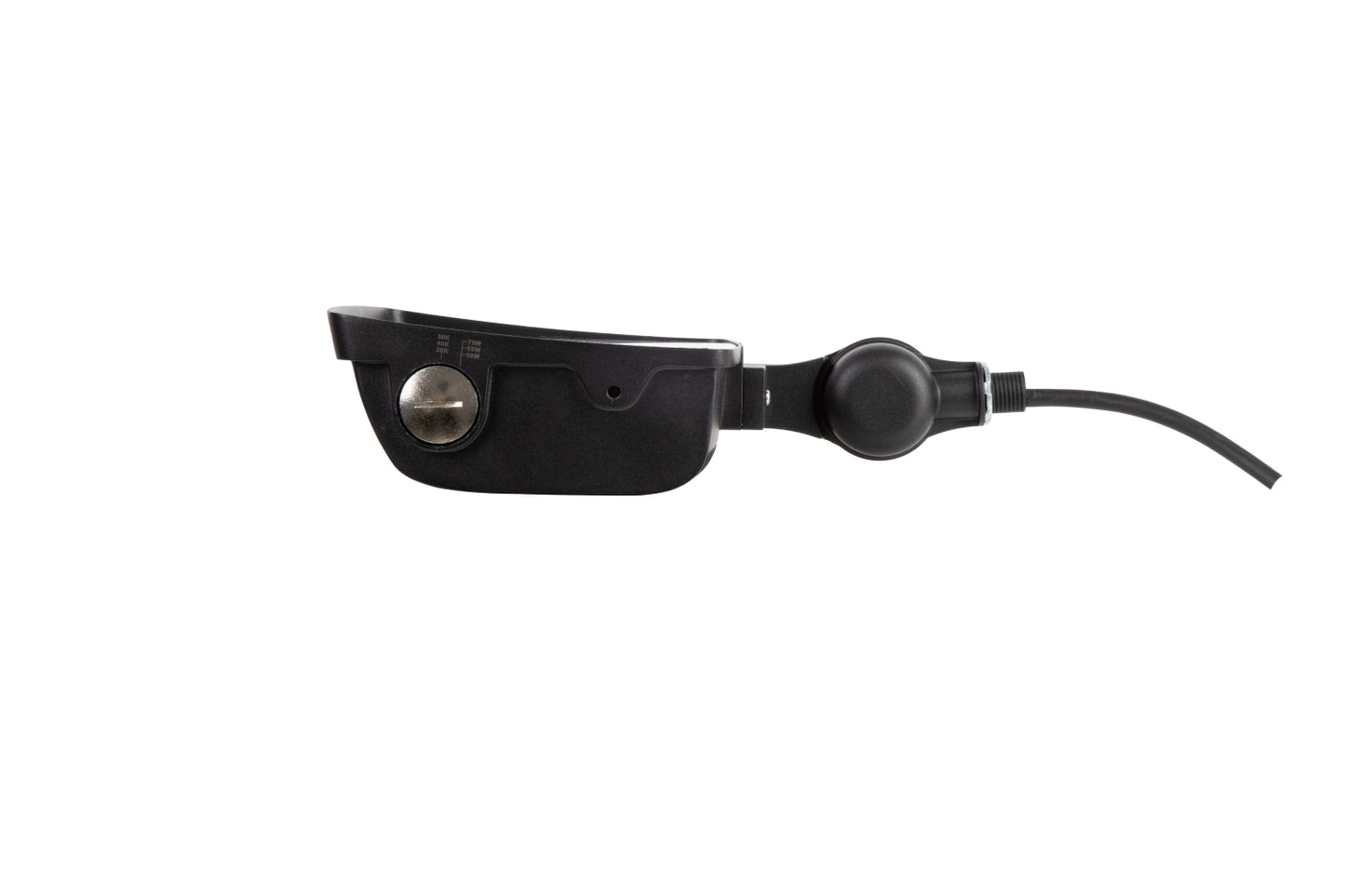 Left side view of the NCLTG TitanBeam Series flood light showing the attached power cord for easy installation