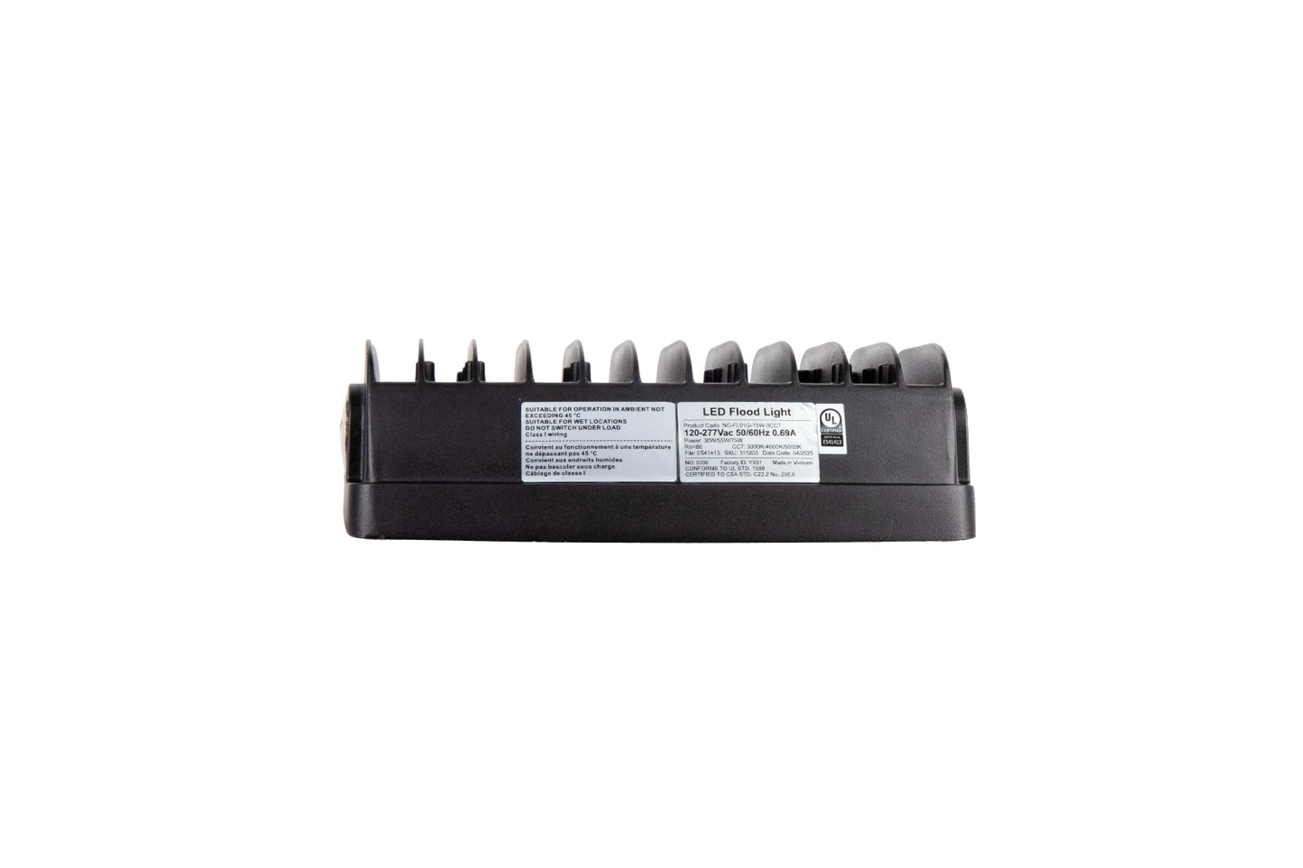 Top view of the NCLTG TitanBeam Series flood light showing the model and certification labels on the fixture housing