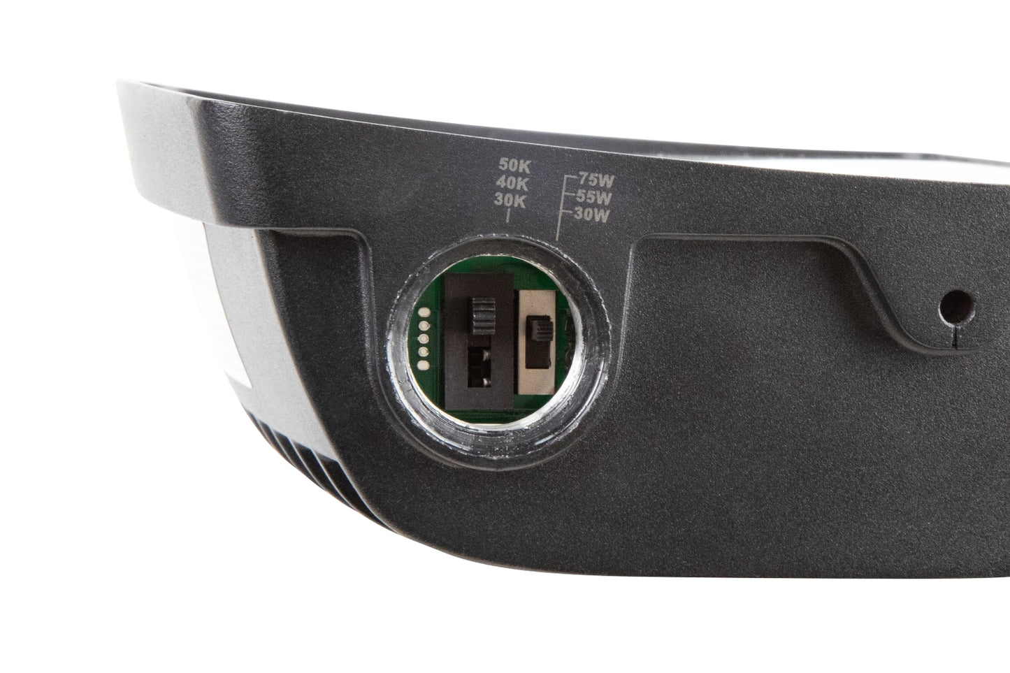 Up-close view of the NCLTG TitanBeam Series flood light highlighting the wattage and CCT selectable DIP switches