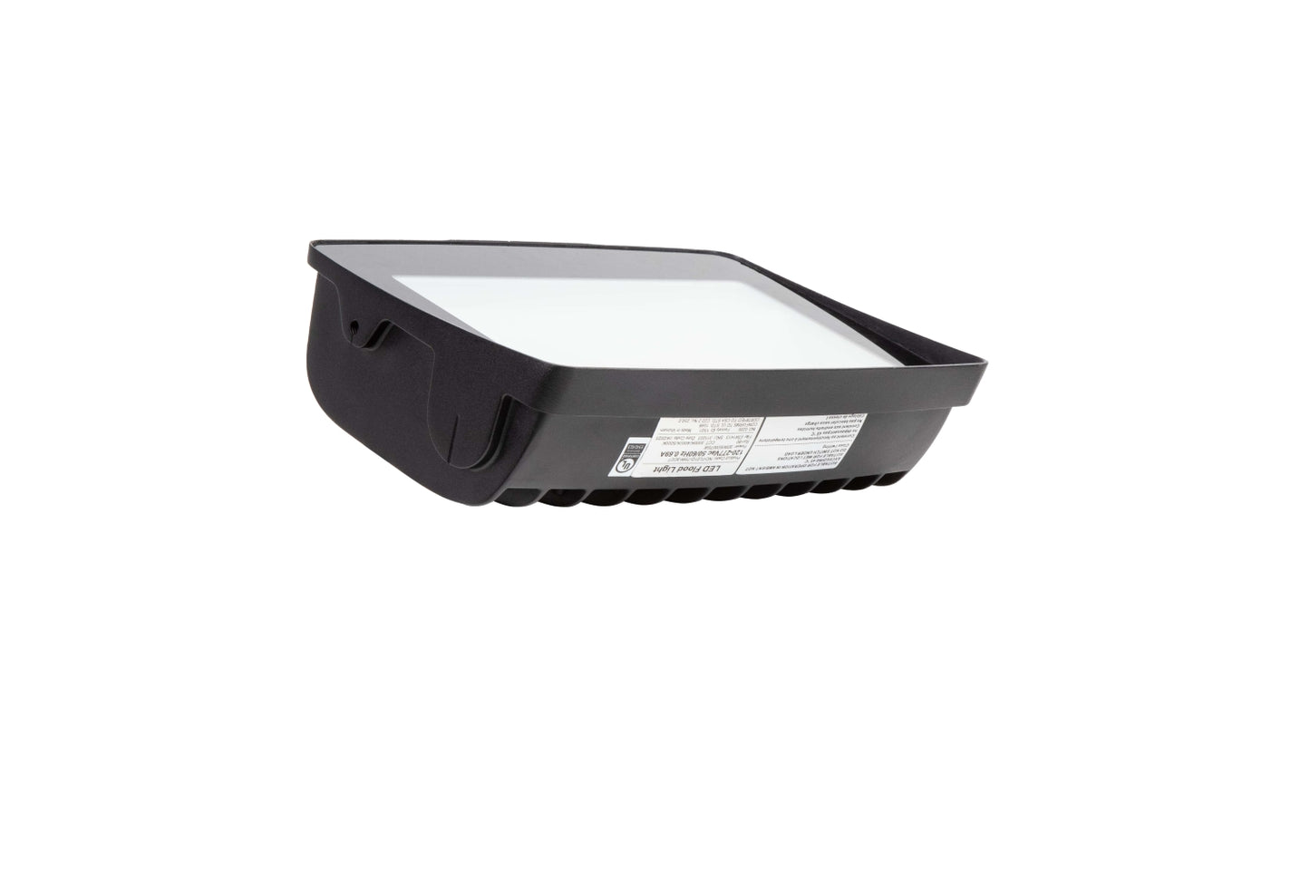 Upside-down angled view of the NCLTG TitanBeam Series flood light showing the top of the fixture with certification labels, model information, and lens