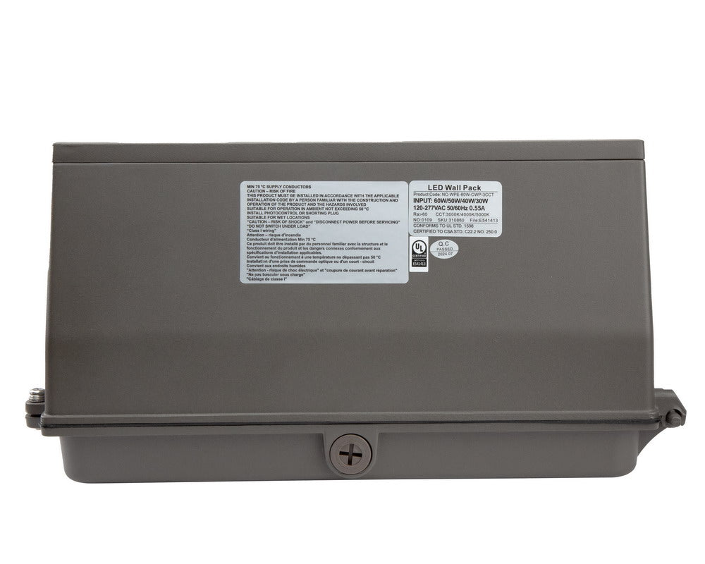 Top view of the NCLTG WallGuard Series LED Wall Pack Light displaying model and certification labels