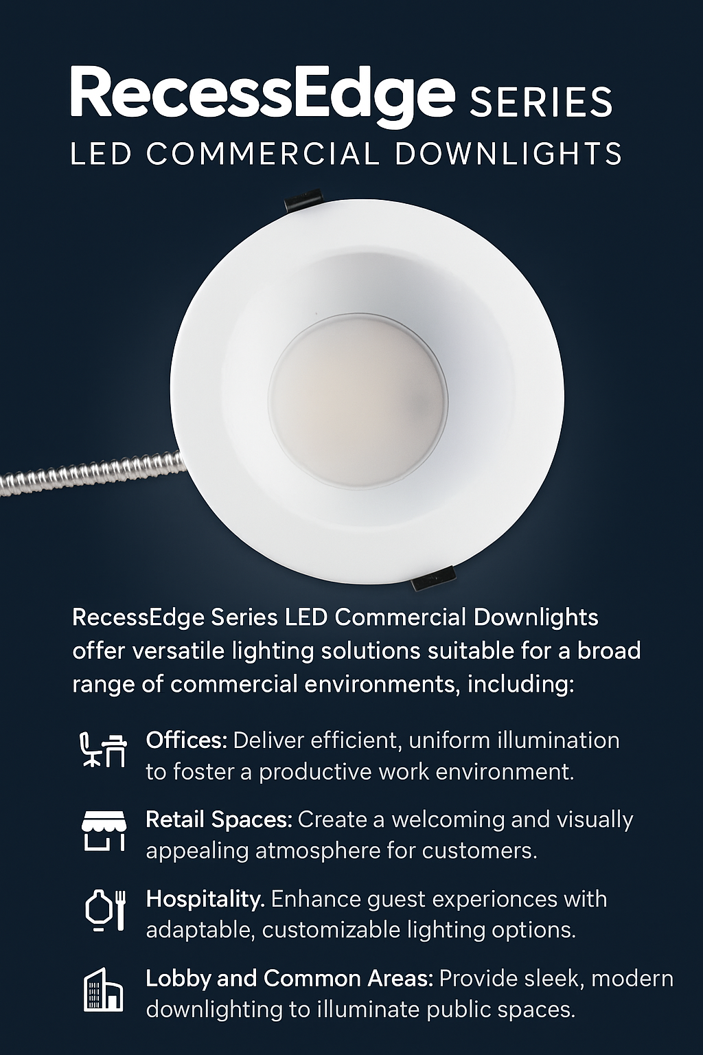 Infographic showing versatile applications of NCLTG RecessEdge Series LED commercial downlights for offices, retail spaces, hospitality areas, and lobbies/common areas with uniform, adaptable illumination.