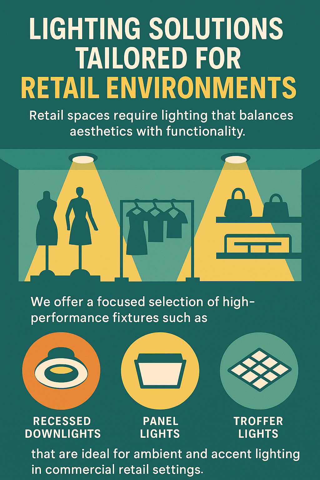 Infographic showing NCLTG retail lighting solutions tailored for commercial spaces, including high-performance LED fixtures for ambient and accent lighting in stores and showrooms.