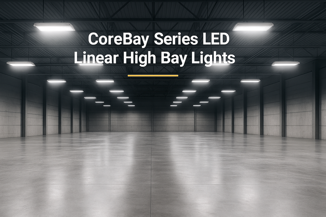 CoreBay LED linear high bay light with prismatic lens illuminating a wide warehouse interior with bright, uniform light; title overlay at top.