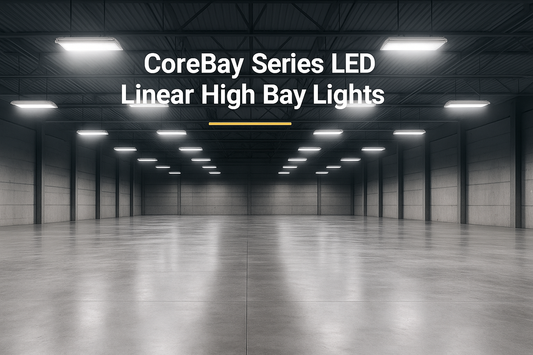 CoreBay LED linear high bay light with prismatic lens illuminating a wide warehouse interior with bright, uniform light; title overlay at top.