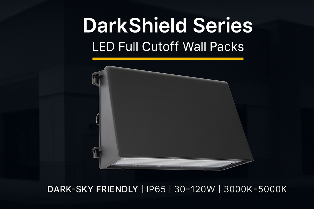 Cover image showing the DarkShield Series LED Full Cutoff Wall Pack mounted against a commercial building exterior, with dark #242833 overlay, white title text, and #FAD000 accent underline.