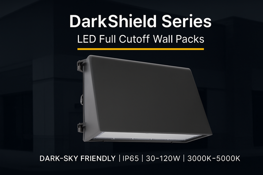 Cover image showing the DarkShield Series LED Full Cutoff Wall Pack mounted against a commercial building exterior, with dark #242833 overlay, white title text, and #FAD000 accent underline.