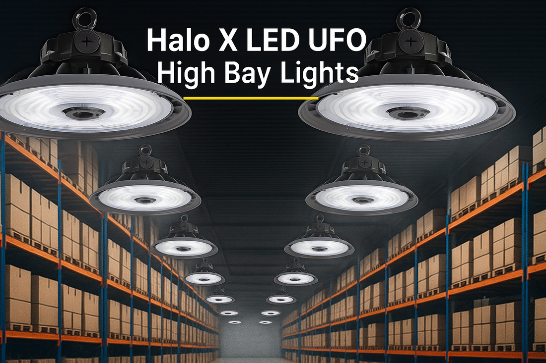 Halo X LED UFO high bay fixtures illuminating a warehouse with bright, uniform coverage; blog cover with dark gradient and title overlay.