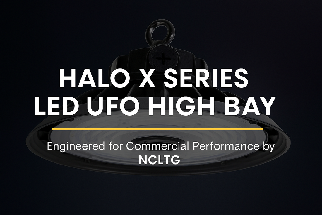 Cover image featuring the Halo X Series LED UFO High Bay by NCLTG with centered headline text and dark gradient overlay.