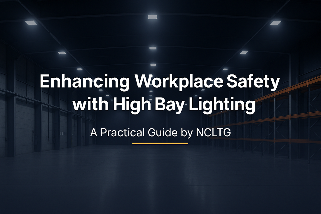Warehouse interior with tall ceilings and bright LED high bay lights providing even, shadow-free illumination, supporting workplace safety and productivity.