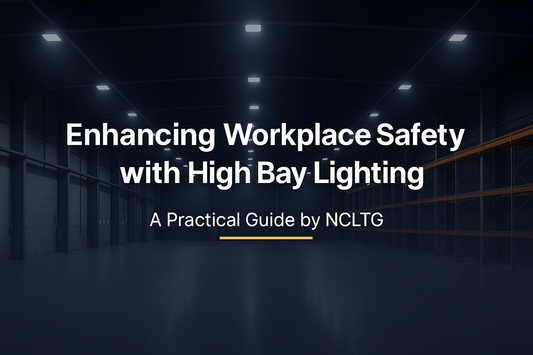 Warehouse interior with tall ceilings and bright LED high bay lights providing even, shadow-free illumination, supporting workplace safety and productivity.