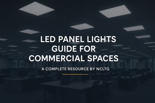 Modern commercial office ceiling with evenly illuminated LED panel lights, wide-angle view with clean industrial design, corporate guide branding overlay by NCLTG