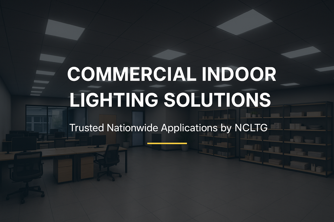 Cover image showing NCLTG’s nationwide commercial indoor lighting applications with LED panels and troffers for offices, retail, healthcare, and education.