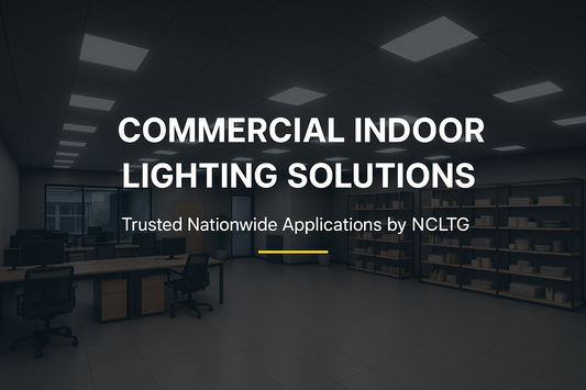 Cover image showing NCLTG’s nationwide commercial indoor lighting applications with LED panels and troffers for offices, retail, healthcare, and education.