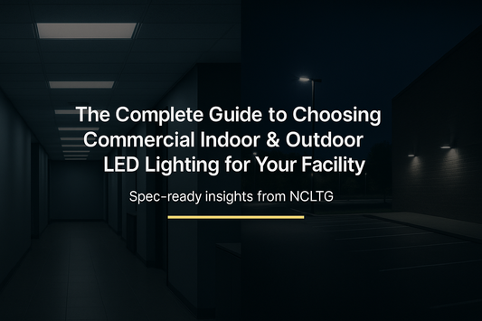 Editorial cover image showing an indoor space with LED panels/high bays and an outdoor parking lot with area lights, with a dark overlay and the article title.
