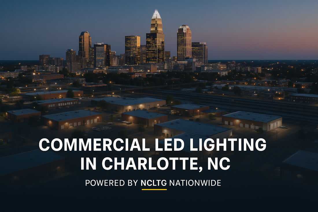 Cover image showing Charlotte, North Carolina skyline with illuminated warehouses and LED-lit commercial buildings representing NCLTG’s nationwide commercial lighting coverage.
