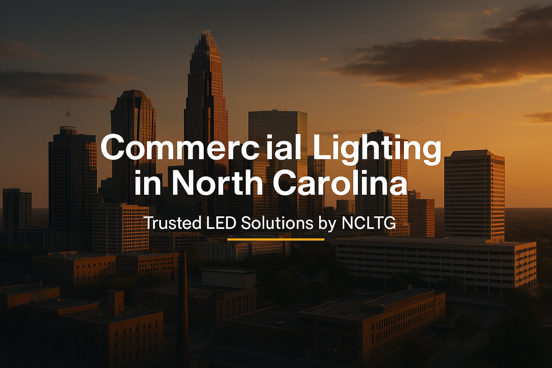 Charlotte skyline at sunset representing NCLTG’s commercial LED lighting solutions across North Carolina.