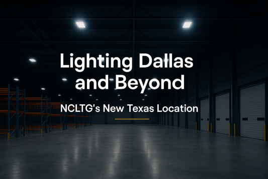 Cover image of a modern warehouse interior with bright LED high bay fixtures, representing NCLTG’s Dallas commercial lighting launch.
