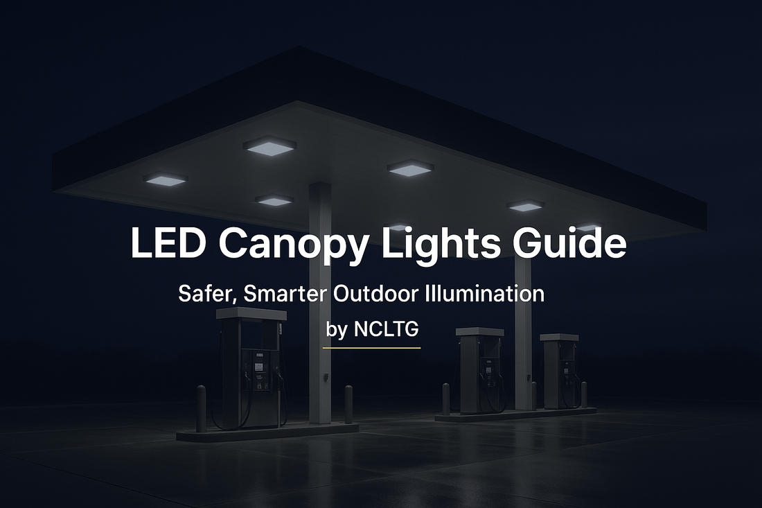 Photoreal image of a commercial fueling canopy at dusk illuminated by NCLTG LED canopy lights with clean rectangular fixtures and even light distribution under a dark gradient overlay.